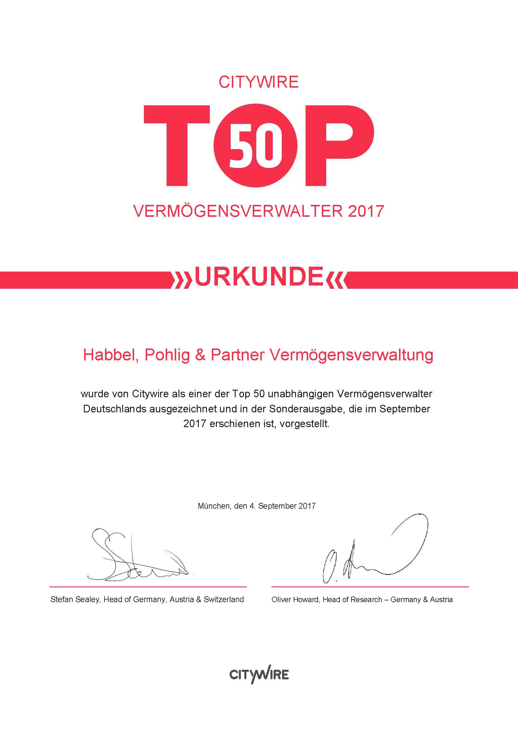Urkunde TOP 50 Vermoegensverwalter